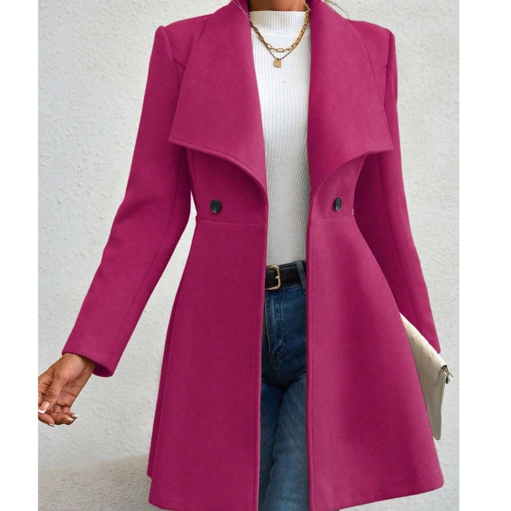 Classic Wide Collar Flare Hem Button Oversized Pea Coat - Picture 8 of 13